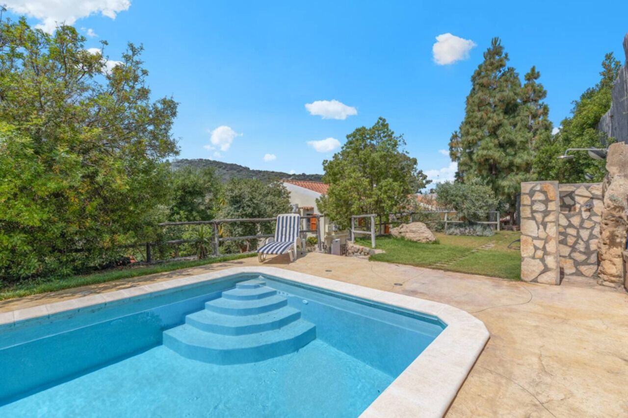 A swimming pool with steps leading into it, surrounded by a stone wall and a grassy area with trees.