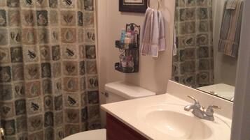 Shower, hair dryer, towels, toilet paper