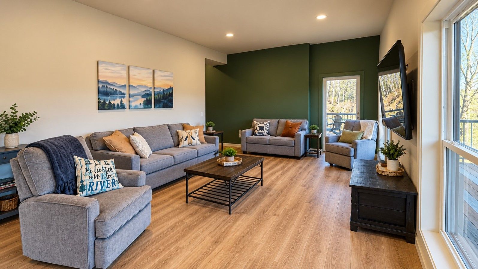 A modern living room with a grey sofa, a coffee table, and a TV mounted on the wall.