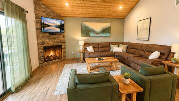 Smart TV, fireplace, books