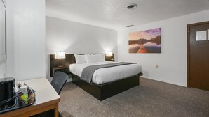 Une chambre d’hôtel avec un lit, une table de chevet, une lampe et un tableau au mur.