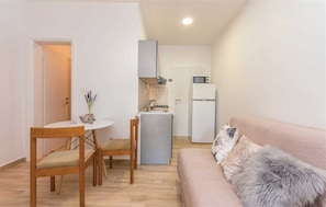 A compact living space with a kitchenette, a dining area with two wooden chairs, a sofa with a fluffy pillow, and a small table with a vase of flowers.