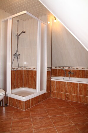 Ducha, secador de pelo, toallas y jabón