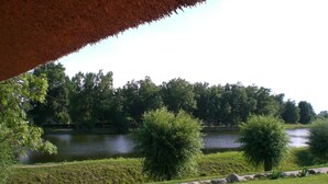 A view of a lake with trees and a grassy area in the foreground. - Vacation apartment directly at the fishing pond with parking lot and terrace (Wismar)