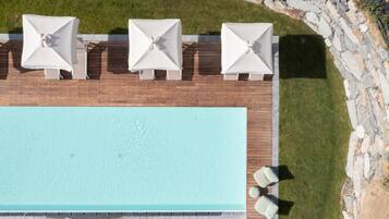 Seasonal outdoor pool, open 10:00 AM to 7:00 PM, pool umbrellas