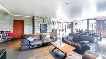 Télévision, cheminée, table de tennis de table