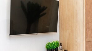 Un televisor de pantalla plana montado en la pared, un mueble de madera y una pequeña estantería con plantas en macetas.