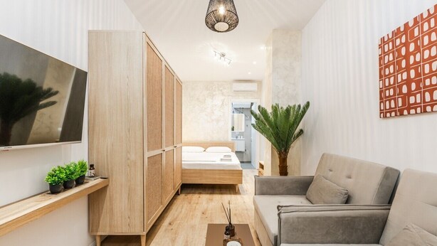 Un dormitorio moderno con una cama, un televisor, un armario de madera, un sofá gris y una planta en maceta.