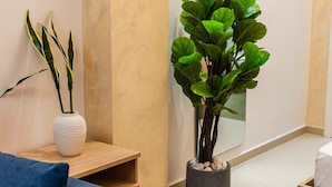 Ein modernes Zimmer mit einem blauen Sofa, einem kleinen Holztischchen, einer weißen Vase mit Grünpflanzen und einem großen Spiegel an der Wand.