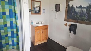 Een badkamer met een douche, wastafel, toilet en een schilderij aan de muur.