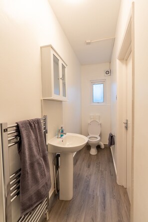 Combined shower/bathtub, deep-soaking bathtub, hair dryer, towels - Modern Flat in Waterloo (London)