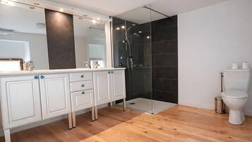 Shower, hair dryer, towels