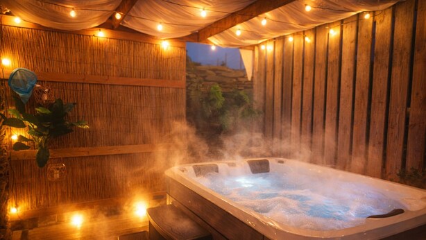 A hot tub in a wooden cabin with a bamboo wall, surrounded by string lights. - Suite, SPA Jacuzzi, Cinema & Karaoke - Romantic getaway or with friends! (Saint-Joseph)