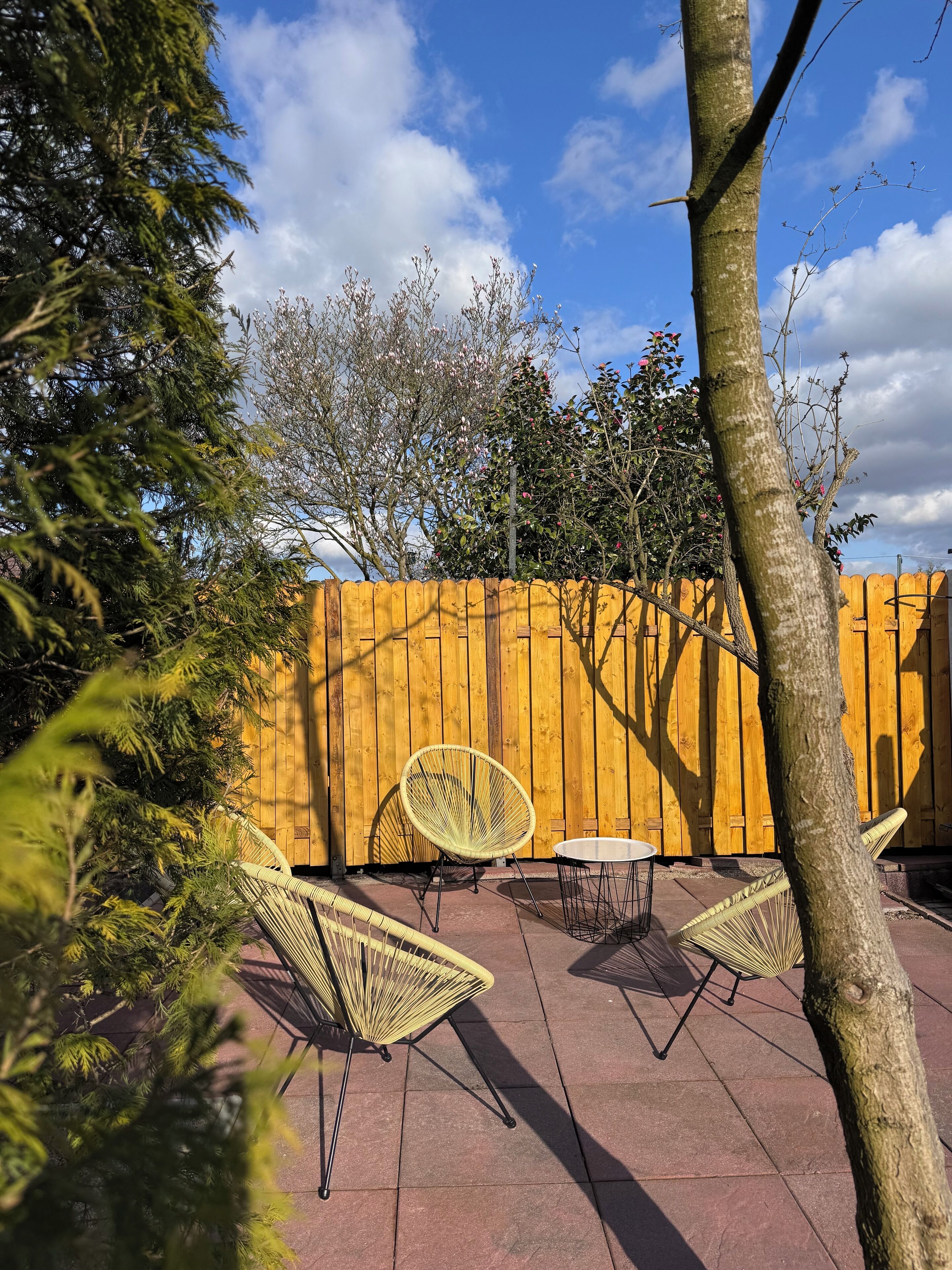 A patio with wicker chairs and a table, a wooden fence, and trees in the background.