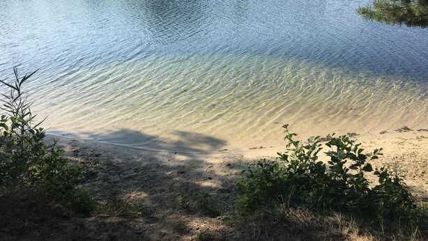 Een helder meer met een zandstrand en wat begroeiing op de voorgrond.