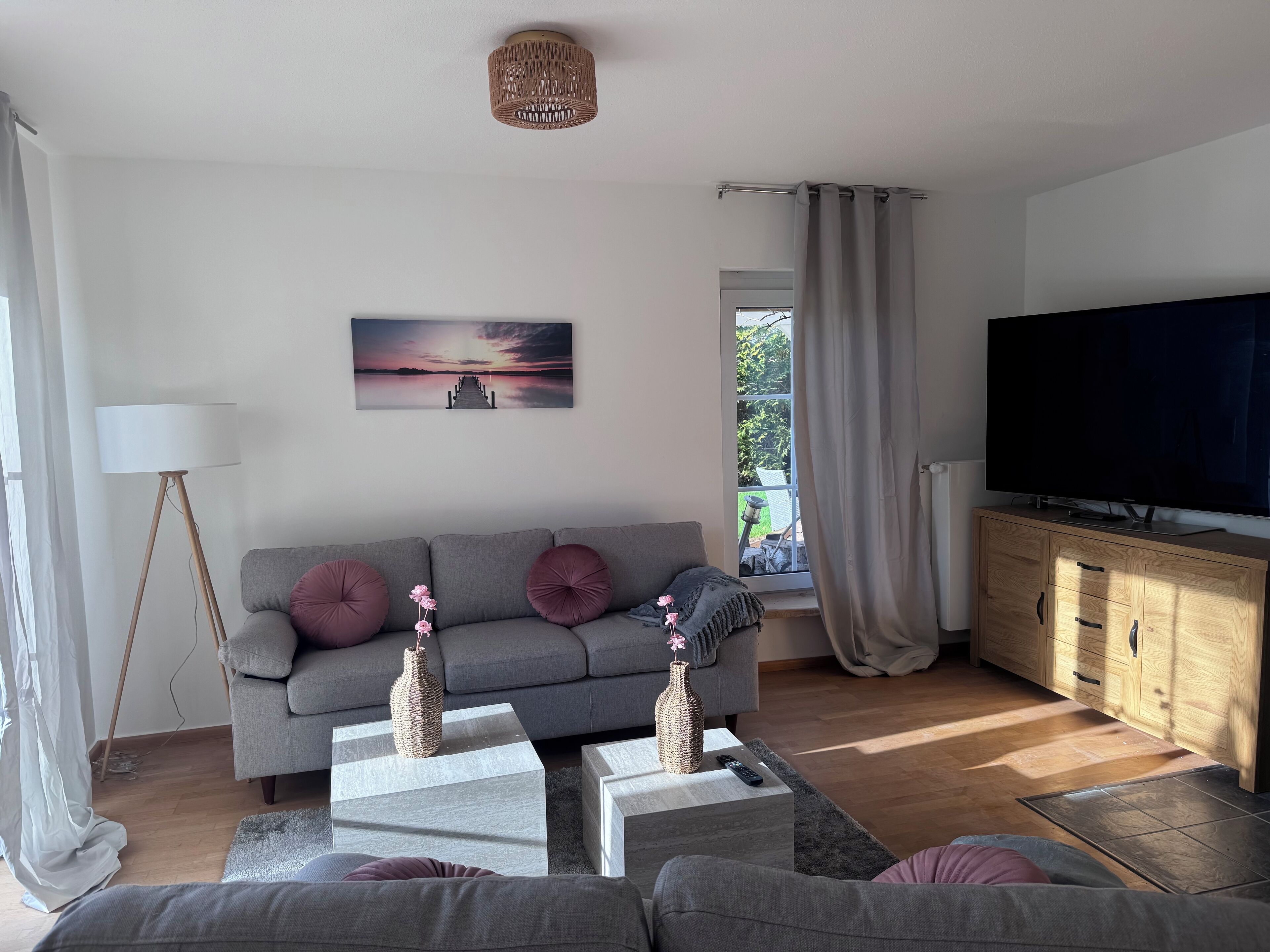 TV connectée, cheminée, livres, chaîne hi-fi