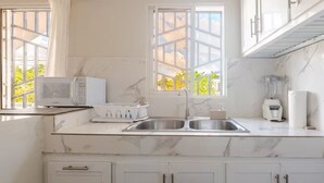 A kitchen with white cabinets, a double sink, a microwave, a blender, and a window with a view of greenery.
