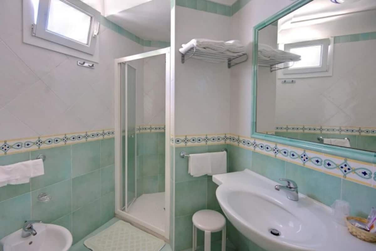 Un baño con ducha, lavabo y espejo.