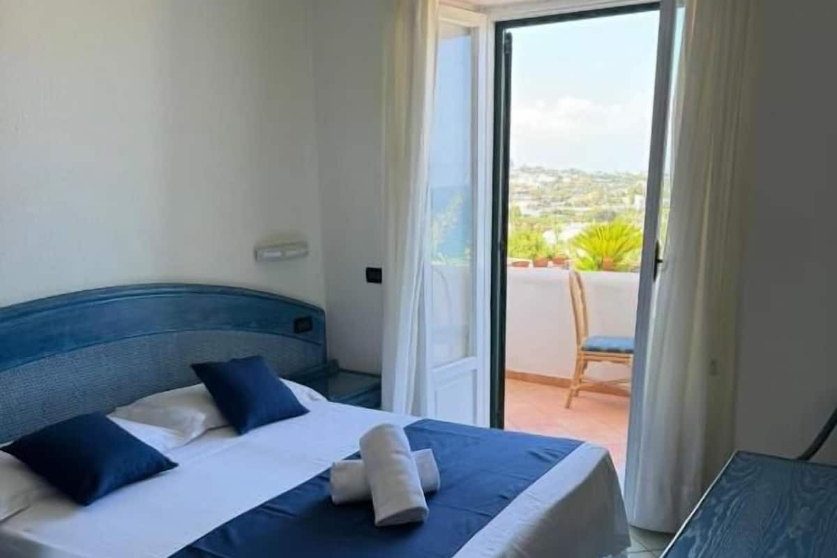 Une chambre d’hôtel avec un lit, un bureau et une vue sur l’extérieur.