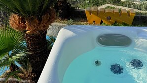 A hot tub with a clear view of the sea and a palm tree in the foreground.