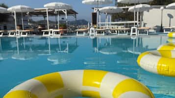 Indoor pool, outdoor pool, pool umbrellas, sun loungers