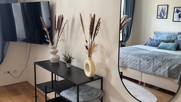 Une chambre à coucher comprenant un lit, une télévision, un miroir et une console sur laquelle sont disposés des objets décoratifs.