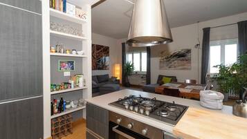 Apartment | Private kitchen | Full-size fridge, microwave, oven, stovetop