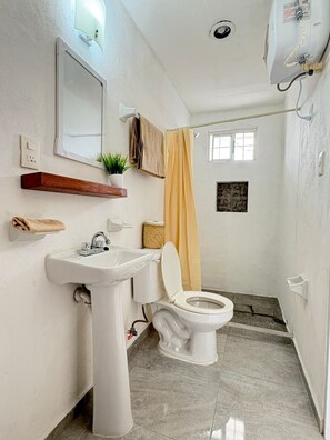 Une salle de bain avec un lavabo sur colonne, des toilettes et un rideau de douche.