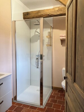 Hair dryer, towels, soap, toilet paper