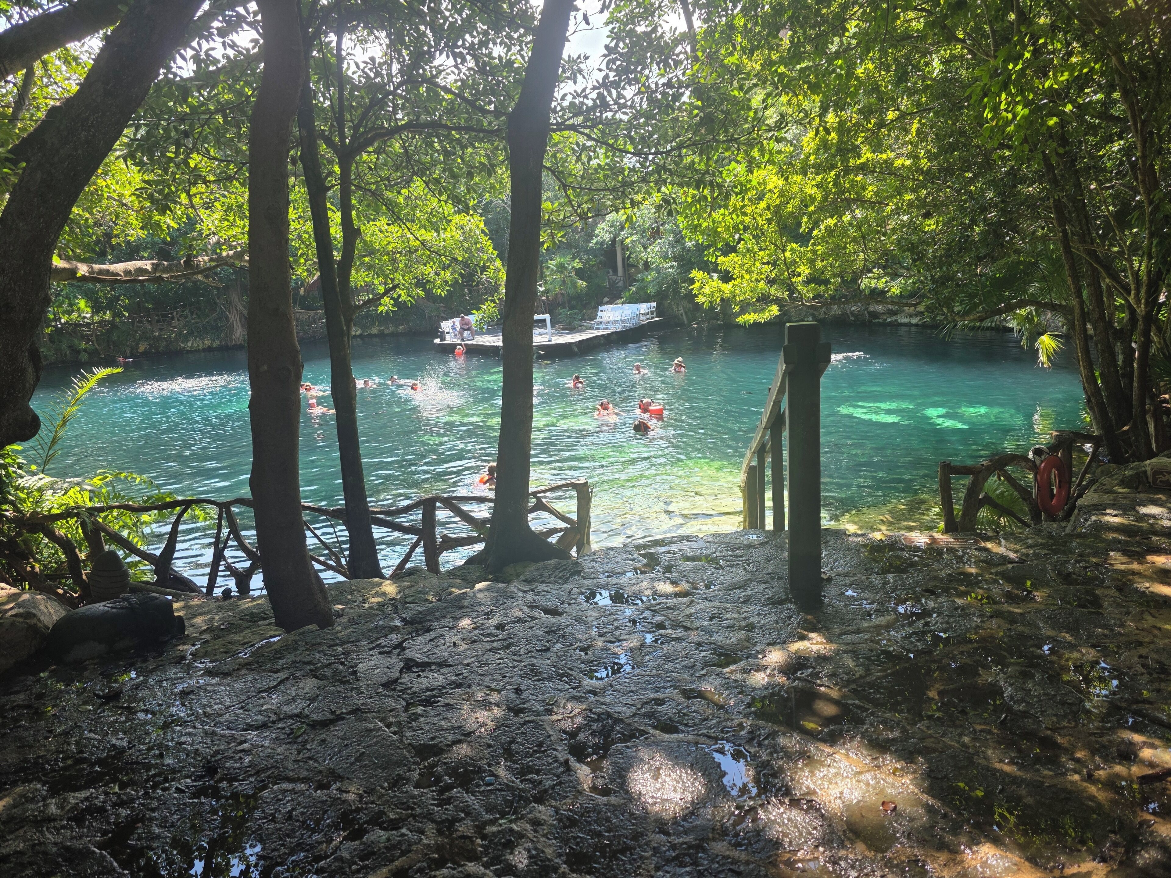 A natural pool surrounded by trees with people swimming.