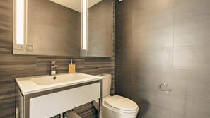 Hair dryer, towels, soap, toilet paper