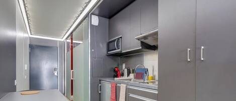 Fridge, microwave, stovetop, coffee/tea maker