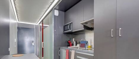 Jääkaappi, mikroaaltouuni, liesi, kahvin-/teenkeitin