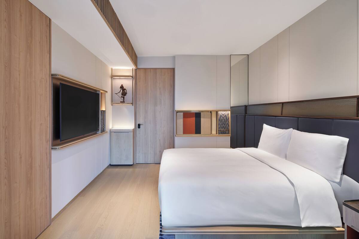 Una habitación de hotel moderna con una cama grande, un televisor de pantalla plana y armarios empotrados.