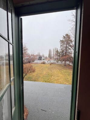 Vista a través de una ventana que muestra un área con césped, árboles y edificios al fondo.