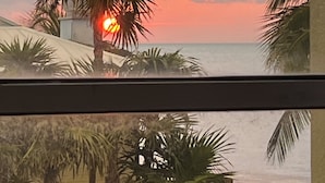 Une vue sur le coucher de soleil depuis un balcon, avec des palmiers et une vue sur l’océan.