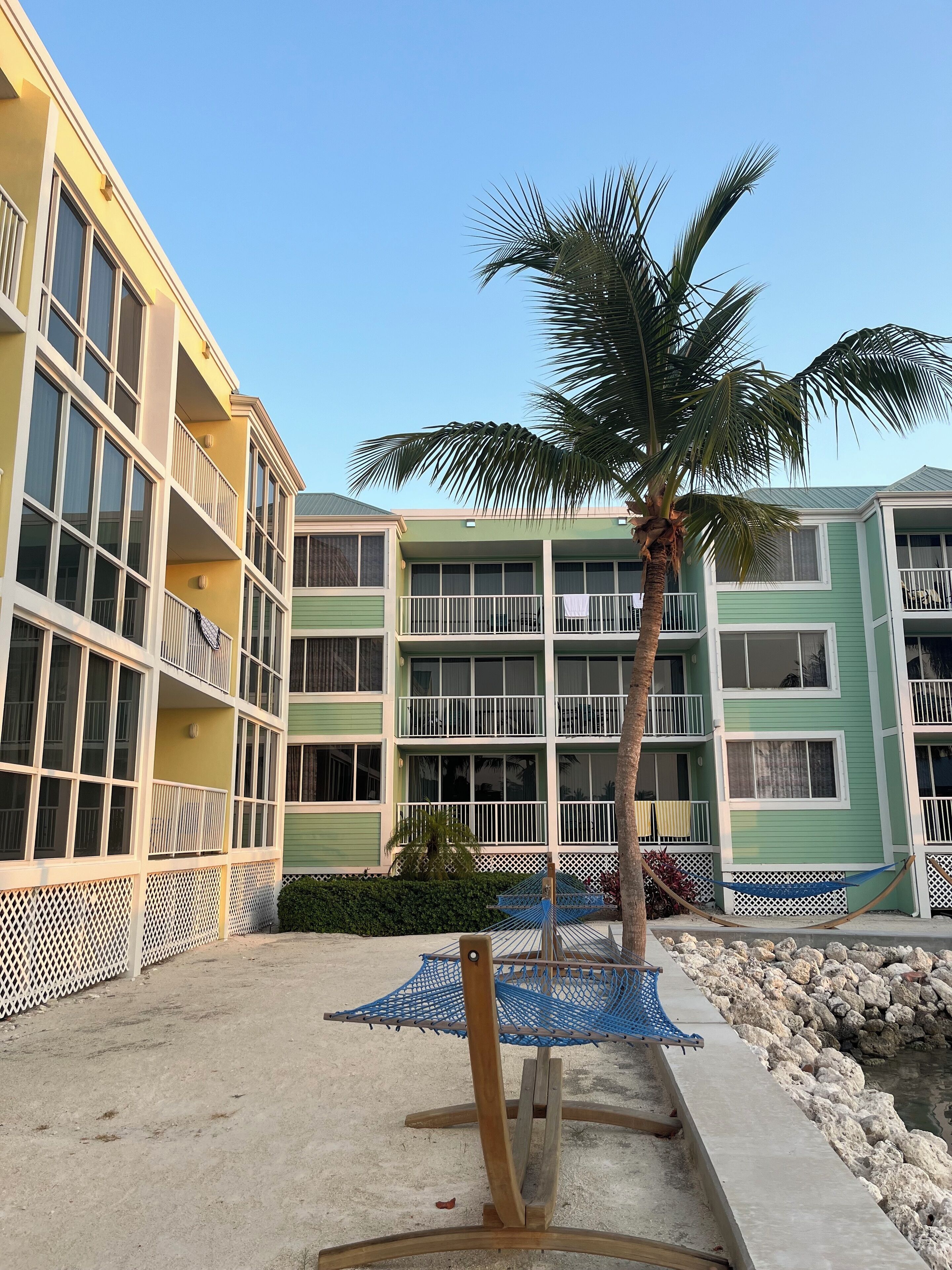 A multi-story hotel with balconies, a palm tree, and a hammock.
