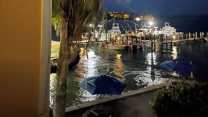 Une marina de nuit, avec des bateaux amarrés, un palmier et un bâtiment en arrière-plan.