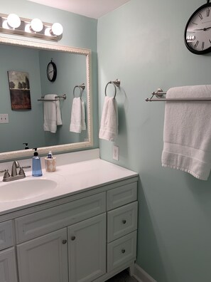 Douche, sèche-cheveux, serviettes fournies, papier toilette