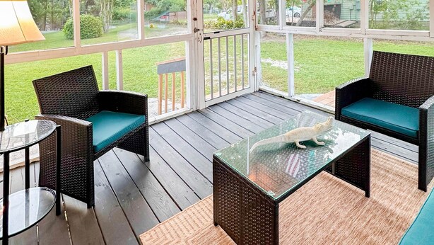 A covered outdoor patio with wicker furniture, a glass table, and a view of a green landscape. - 3Br 2Ba Cottage w/ Golf Cart (Waveland)