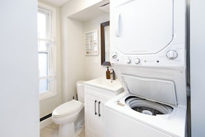 Hair dryer, towels, soap, toilet paper