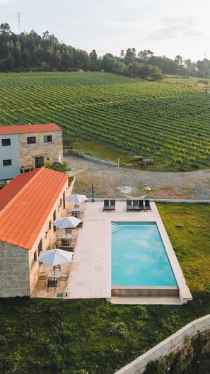 A building with a swimming pool, outdoor seating, and a vineyard in the background. - Canhoto Douro (São Lourenço do Douro)