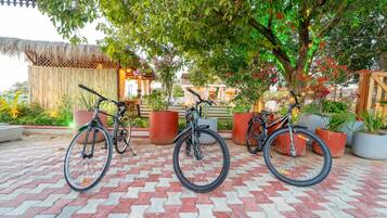 Bicicletas estacionadas sobre un pavimento con diseño, rodeadas de macetas con plantas y una valla de madera.