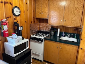 A compact kitchen with wooden cabinets, a stove, a microwave, and a sink.