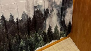 A room with a curtain featuring a forest scene, a wooden door, and a tiled floor. - Room 9 at Bellamy's Haus (Red River)