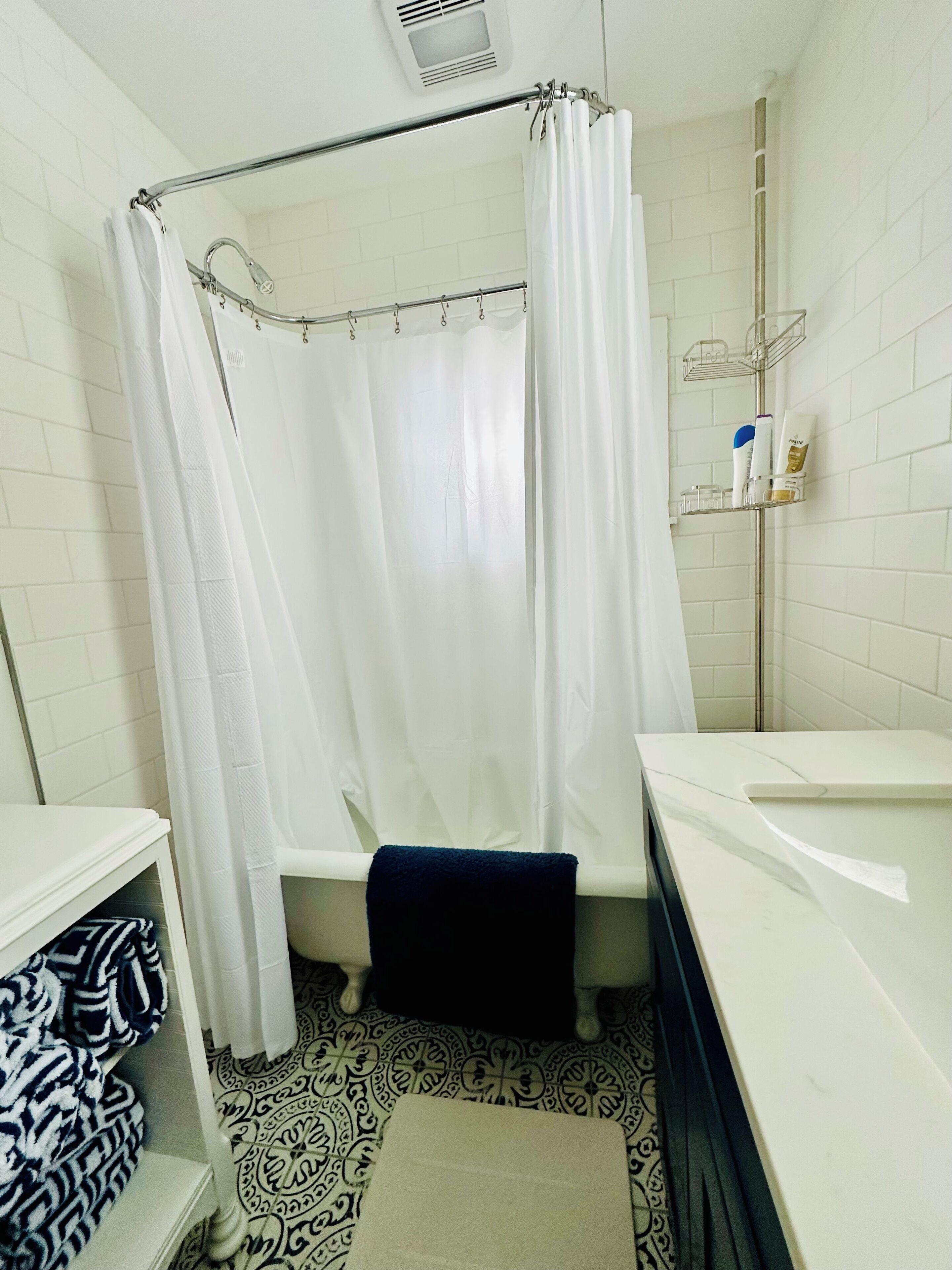 Hair dryer, towels, soap, shampoo