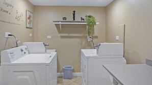 A laundry room with two front-loading washers, a shelf with a plant, and a wall-mounted basket. - Quiet Area - Revamped Basement (Chicago)