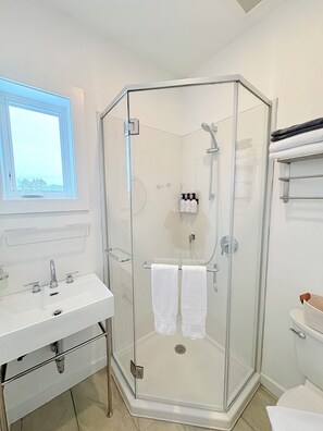 Shower, hair dryer, towels, soap