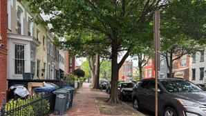 A brick-paved sidewalk with parked cars and trash bins on the side. - Stylish Work-Friendly 2BR | Shaw Metro & Dining (Washington)