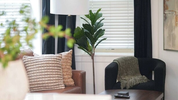 A modern living room with a sofa, a chair, a lamp, and a plant. - Stylish Work-Friendly 2BR | Shaw Metro & Dining (Washington)